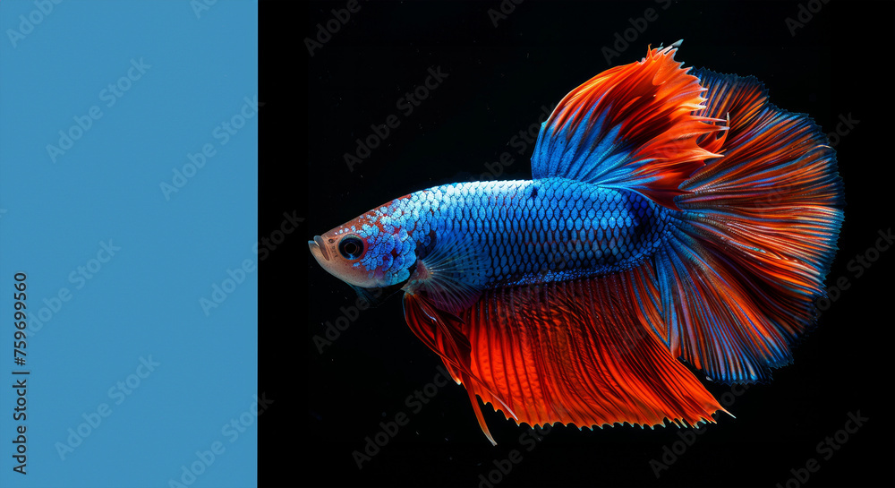 A fish with orange and blue fins is swimming in a black background. colors create a sense of vibrancy and energy. Betta fish isolated on black background, Multi color Siamese fighting fish A fish with orange and blue fins is swimming in a black background. colors create a sense of vibrancy and energy. Betta fish isolated on black background, Multi color Siamese fighting fish