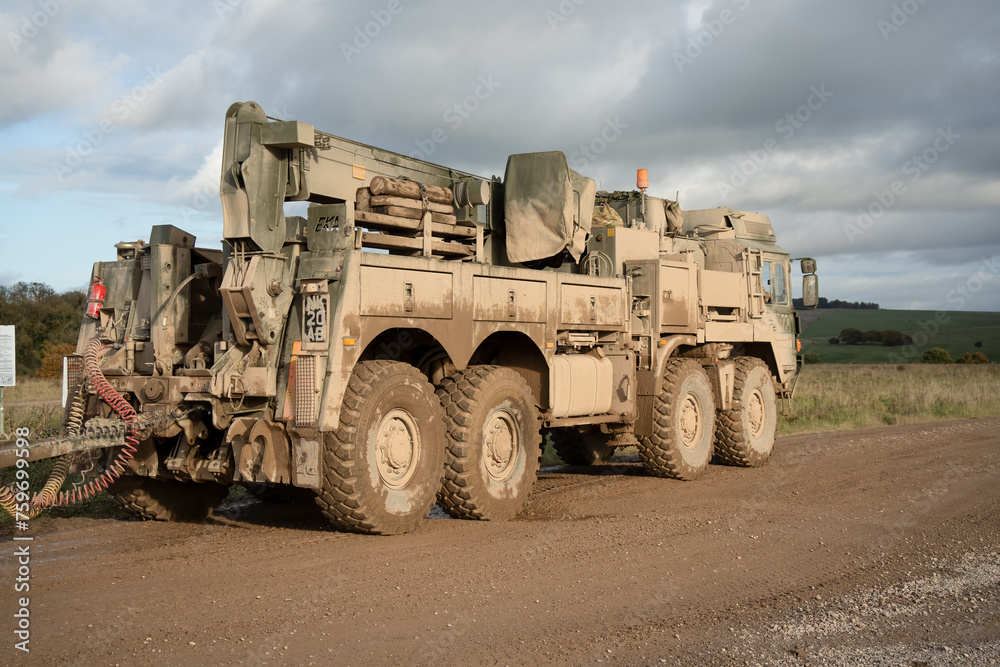 British army MAN SVR (Support Vehicle Recovery) 8x8 Truck pulling a trailer, Wiltshire UK British army MAN SVR (Support Vehicle Recovery) 8x8 Truck pulling a trailer, Wiltshire UK