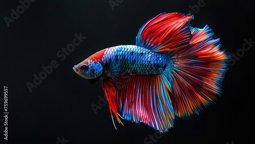 A fish with orange and blue fins is swimming in a black background. colors create a sense of vibrancy and energy. Betta fish isolated on black background, Multi color Siamese fighting fish