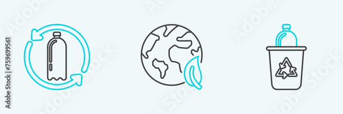 Set line Recycle bin with recycle symbol, Recycling plastic bottle and Earth globe and leaf icon. Vector