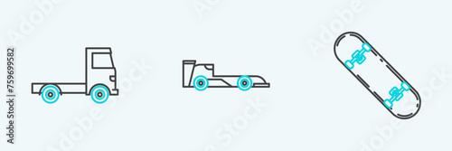 Set line Skateboard, Delivery cargo truck vehicle and Formula race icon. Vector