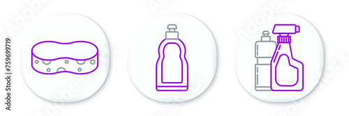 Set line Plastic bottles for liquid dishwashing liquid, Sponge and icon. Vector