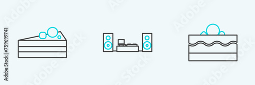 Set line Cake, and Home stereo with two speakers icon. Vector