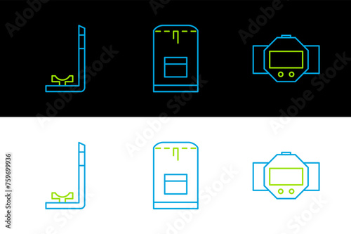 Set line Diving watch, Snorkel and Backpack icon. Vector