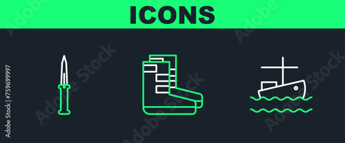 Set line Fishing boat on water, Army knife and Boots icon. Vector