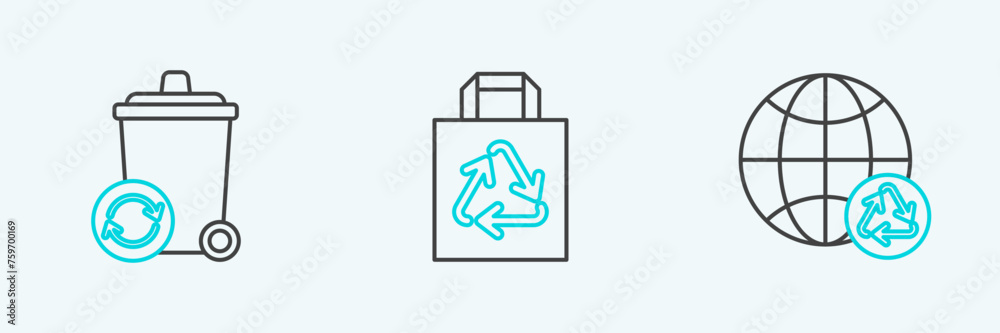 Set line Planet earth and a recycling, Recycle bin with recycle symbol and Paper shopping bag icon. Vector Set line Planet earth and a recycling, Recycle bin with recycle symbol and Paper shopping bag icon. Vector