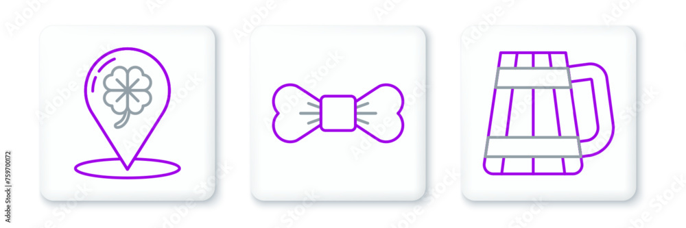 Set line Wooden beer mug, Location and four leaf clover and Bow tie icon. Vector Set line Wooden beer mug, Location and four leaf clover and Bow tie icon. Vector