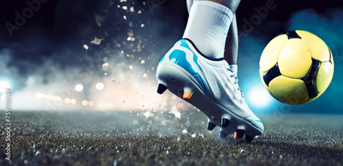 Close up soccer feet with shoes kicking ball in football field tournament competition league photo