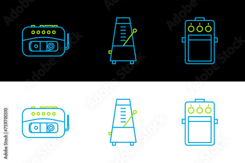 Set line Guitar pedal, Music tape player and Metronome with pendulum in motion icon. Vector