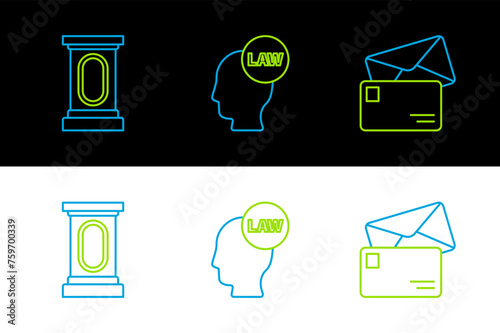 Set line Envelope, Stage stand or debate podium rostrum and Head with law icon. Vector