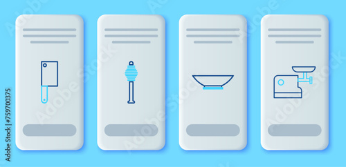 Set line Honey dipper stick, Bowl, Meat chopper and Kitchen meat grinder icon. Vector