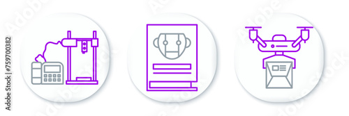 Set line Drone delivery concept, 3D printer and User manual icon. Vector