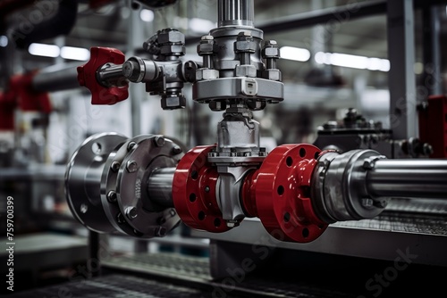 Detailed perspective of an industrial valve amidst the mechanical complexity of a busy factory