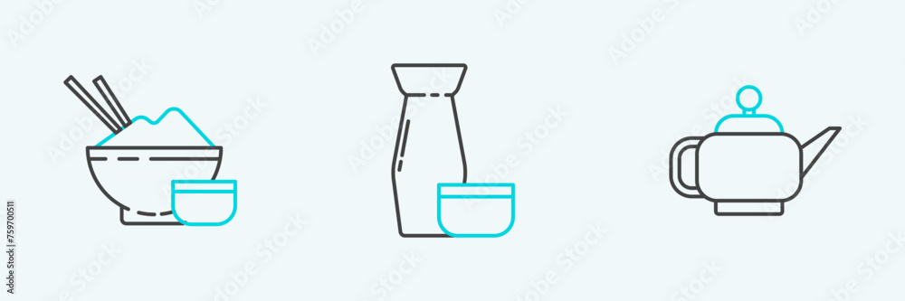Obraz premium Set line Japanese tea ceremony, Rice in bowl with chopstick and Traditional icon. Vector