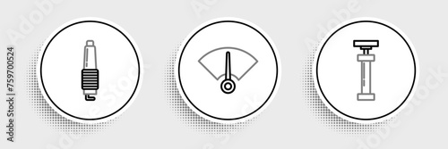 Set line , Car spark plug and Speedometer icon. Vector