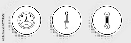 Set line Wrench, Speedometer and Screwdriver icon. Vector