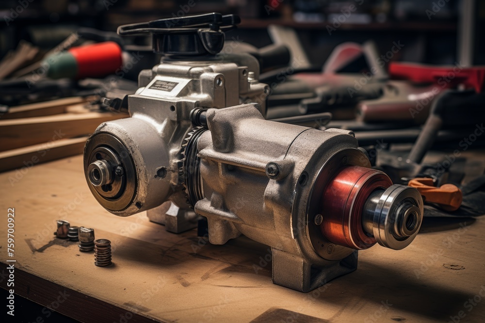 Detailed Look at a Starter Motor Placed on an Antique Wooden Table in a Mechanic's Garage - obrazy, fototapety, plakaty 