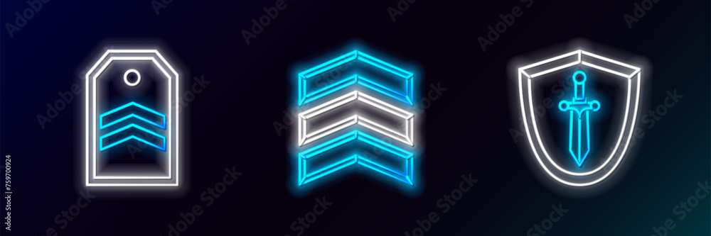 Set line Medieval shield with sword, Chevron and Military rank icon. Glowing neon. Vector - obrazy, fototapety, plakaty 