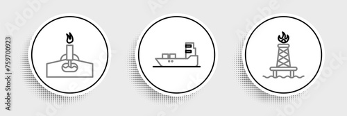 Set line Oil rig with fire, and tanker ship icon. Vector