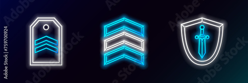 Set line Medieval shield with sword, Chevron and Military rank icon. Glowing neon. Vector photo