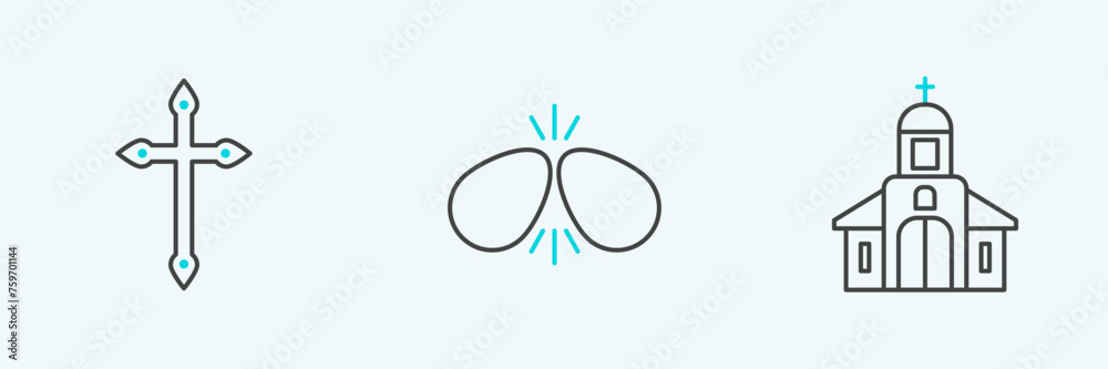 Set line Church building, Christian cross and Easter eggs icon. Vector Set line Church building, Christian cross and Easter eggs icon. Vector