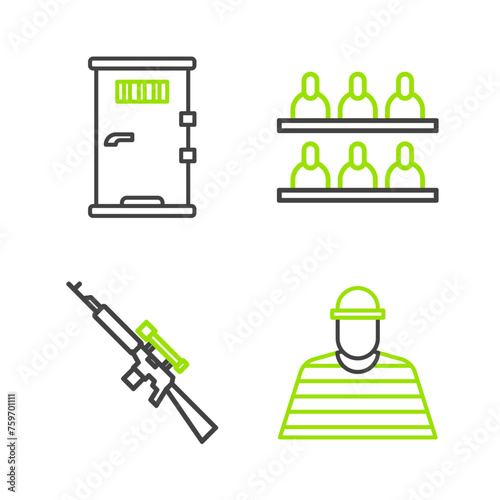 Set line Prisoner, Sniper rifle with scope, Jurors and cell door icon. Vector