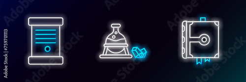 Set line Ancient magic book, Decree, paper, parchment, scroll and Witch cauldron and stone icon. Glowing neon. Vector