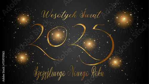 karta lub baner z życzeniami Wesołych Świąt i Szczęśliwego Nowego Roku 2025 w kolorze złotym na czarnym gradientowym tle z gwiazdami i złotym brokatem