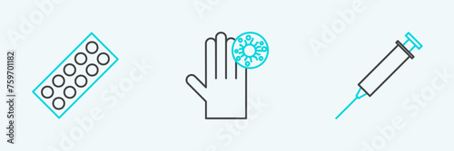Set line Syringe, Pills blister pack and Hand with virus icon. Vector