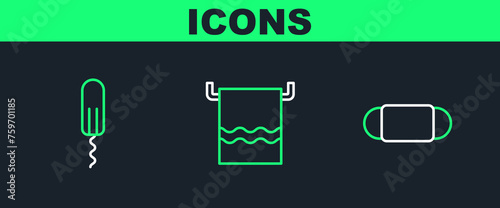 Set line Medical protective mask, Sanitary tampon and Towel hanger icon. Vector