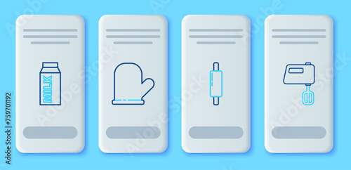 Set line Oven glove, Rolling pin, Paper package for milk and Electric mixer icon. Vector