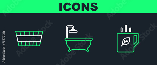 Set line Cup of tea and leaf, Sauna bucket and Bathtub icon. Vector