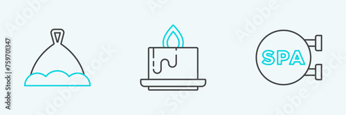 Set line Spa salon, Sauna hat and Aroma candle icon. Vector