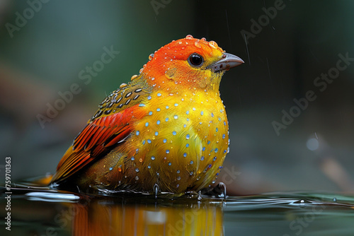 exotic Canary bird combined with a parrot bird , show his extravagant plumage colored in all extream rainbow spots vibrant colors and bright gold dots colors, on the river side photo