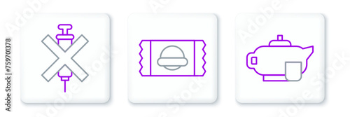 Set line Teapot with cup, No doping syringe and Sports nutrition icon. Vector
