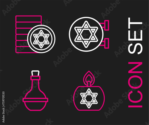 Set line Burning candle, Jewish wine bottle, synagogue and coin icon. Vector