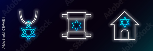 Set line Jewish synagogue, Star of David necklace on chain and Torah scroll icon. Glowing neon. Vector