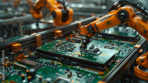 Robotic arms engaged in precise assembly or inspection of circuit boards inside a high-tech industrial setting, showcasing automation and advanced manufacturing technologies.