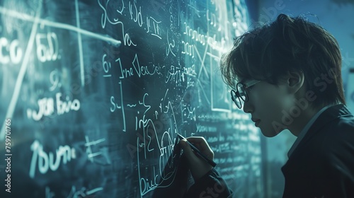 Picture of a man in glasses studying arithmetic in a classroom against a murky background on a white board, Generative AI.