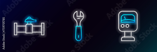 Set line Pressure water meter, Industry pipe and valve and Wrench spanner icon. Glowing neon. Vector