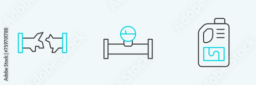 Set line Drain cleaner bottle, Broken pipe and Industry and manometer icon. Vector