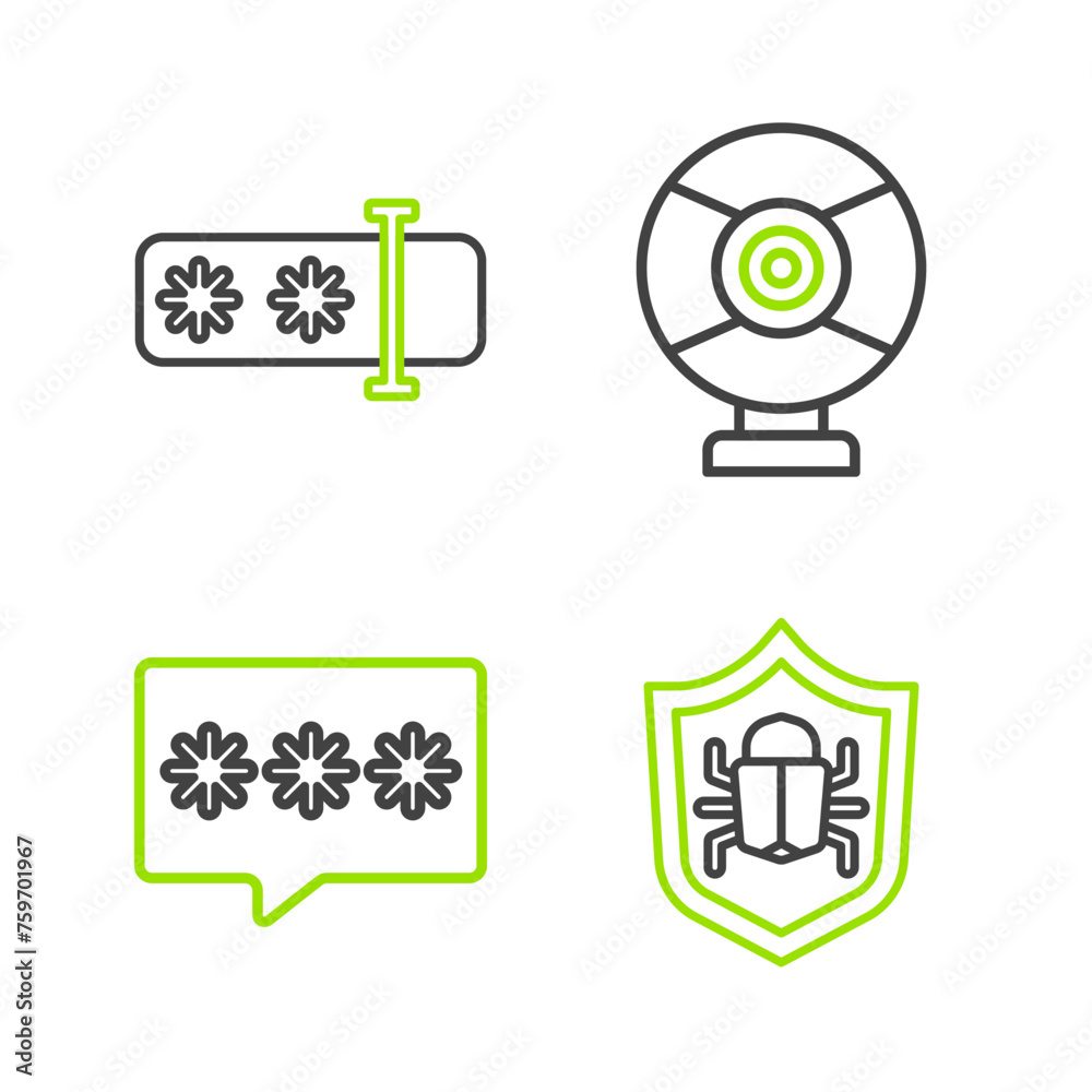 Set line System bug, Password protection, Security camera and icon. Vector Set line System bug, Password protection, Security camera and icon. Vector