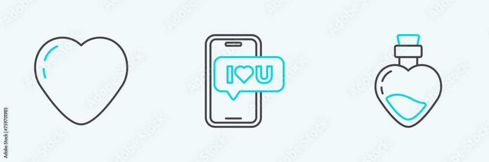 Set line Bottle with love potion, Heart and Mobile heart icon. Vector