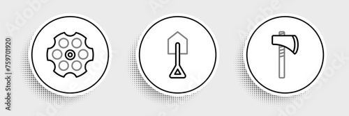 Set line Tomahawk axe, Revolver cylinder and Shovel icon. Vector