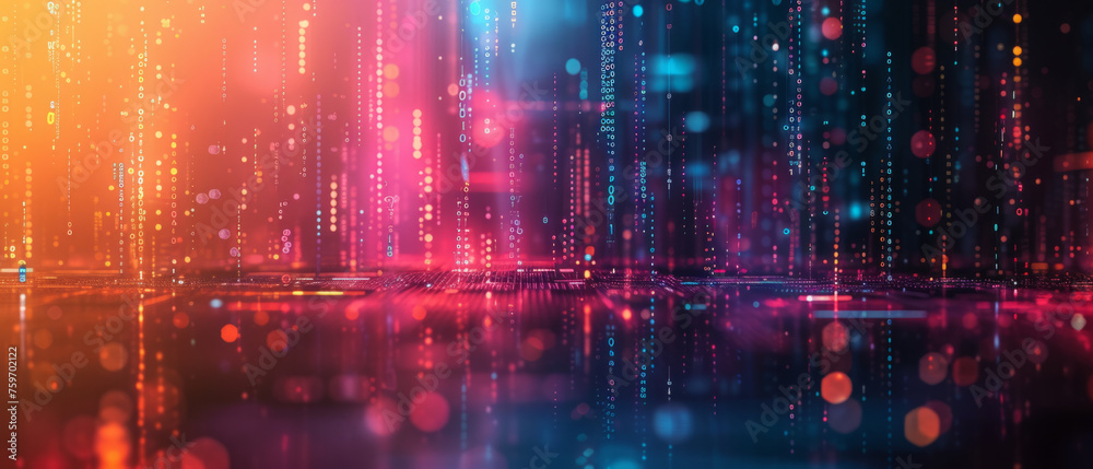 Abstract technology background featuring a vibrant scene with glowing neon lights and digital binary code rain concept, representing data flow, cyber security or futuristic technology.