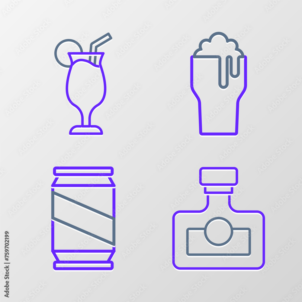 Set line Alcohol drink Rum, Beer can, Glass of beer and Cocktail icon. Vector