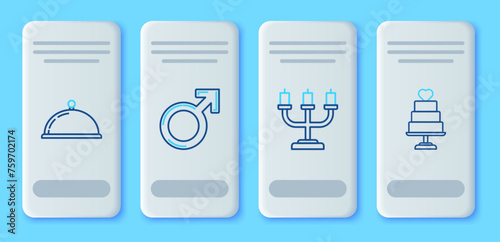 Set line Male gender symbol, Candlestick, Covered with tray of food and Wedding cake heart icon. Vector