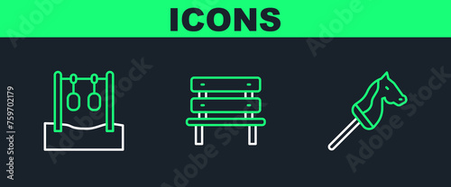 Set line Toy horse, Gymnastic rings and Bench icon. Vector