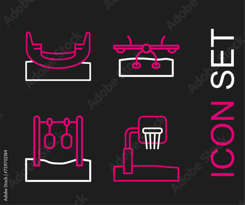 Set line Basketball backboard, Gymnastic rings, Seesaw and Boat swing icon. Vector