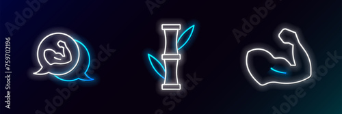 Set line Bodybuilder muscle, and Bamboo icon. Glowing neon. Vector